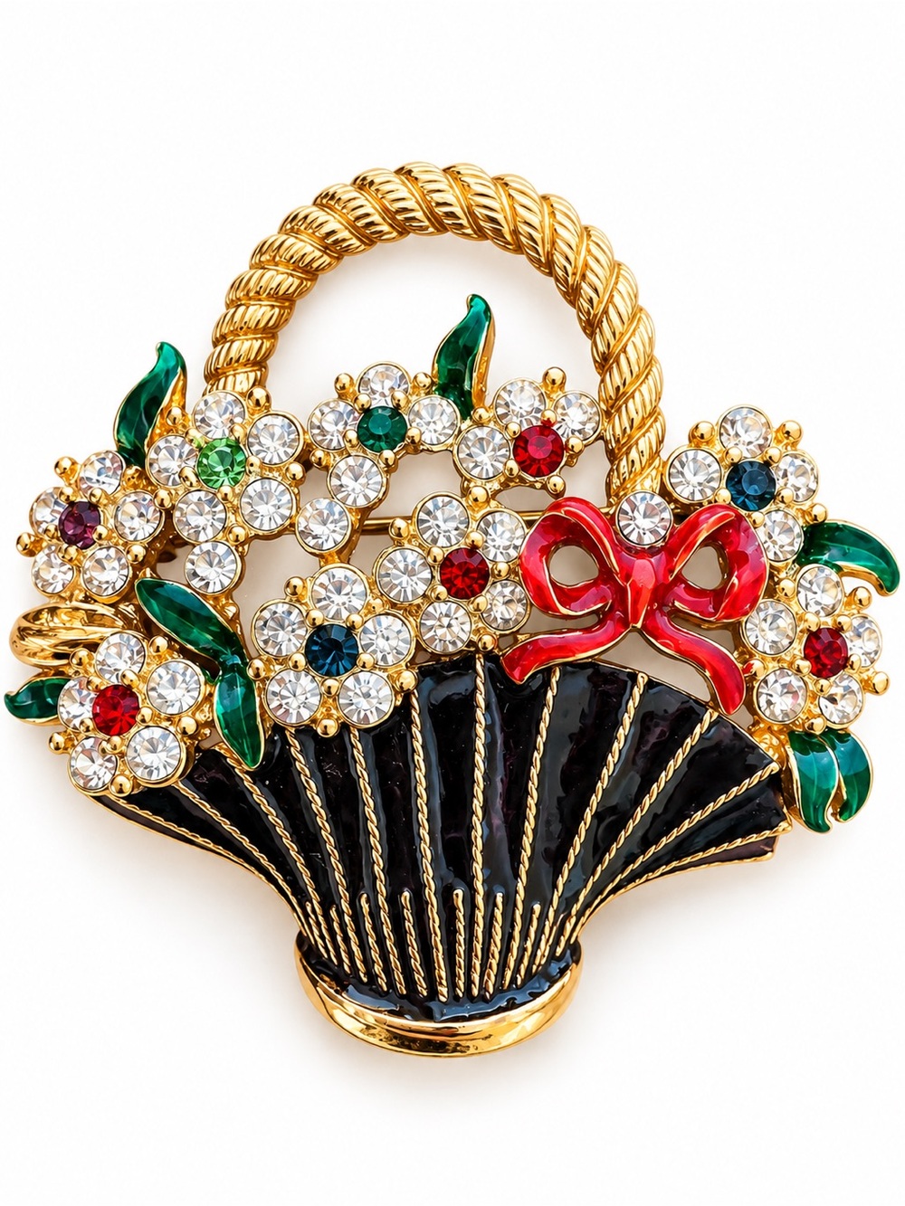 Vintage Rhinestone Flower Basket Brooch Gold Tone Black Enamel Red Bow